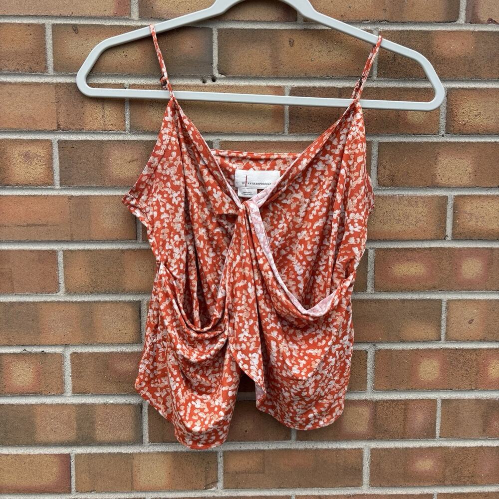 Anthropologie Medium Orange Floral Twist Draped Adjustable Spaghetti Straps Top